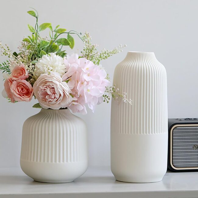 White Ribbed Ceramic Vases, 10-Inch, 2-Piece