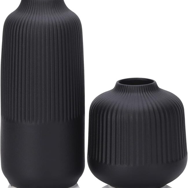 Black Ribbed Ceramic Vases, 10-Inch, 2-Piece