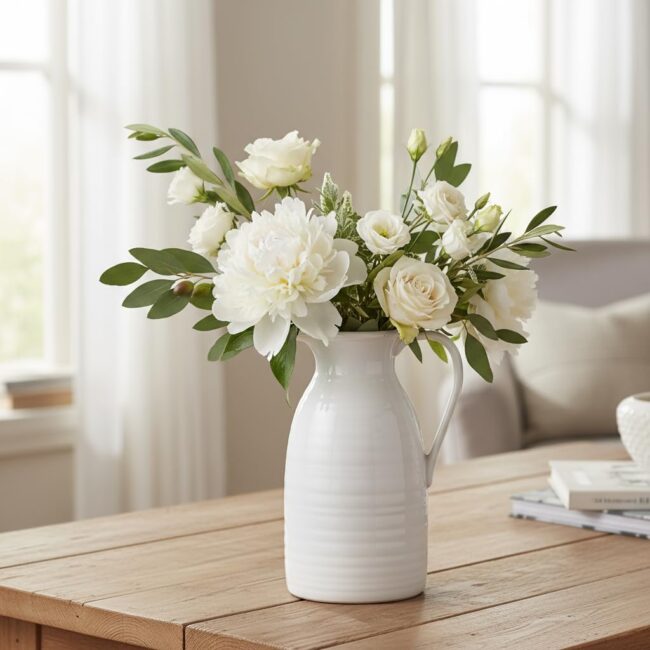 White Ceramic Pitcher Flower Vase
