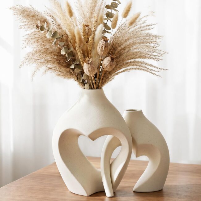 White Heart-Shaped Ceramic Vases, 2-Piece Set
