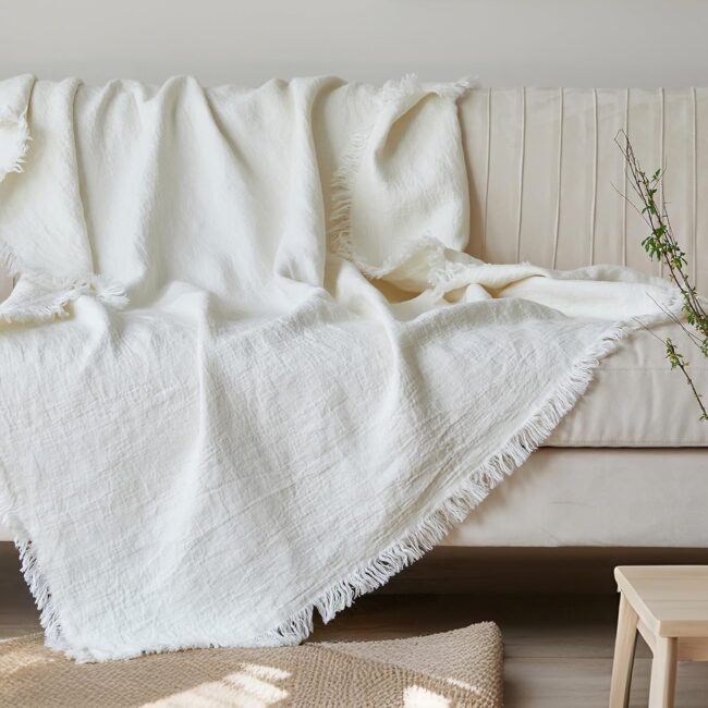 Soft White Linen Tassel Throw Blanket