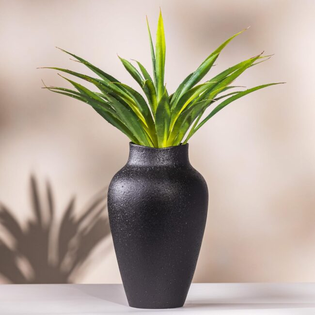 Black Ceramic Vase with Faux Aloe Plant