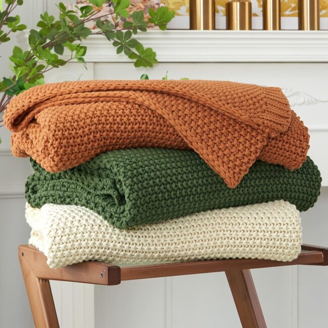 Beige Cable Knit Cotton Throw Blanket