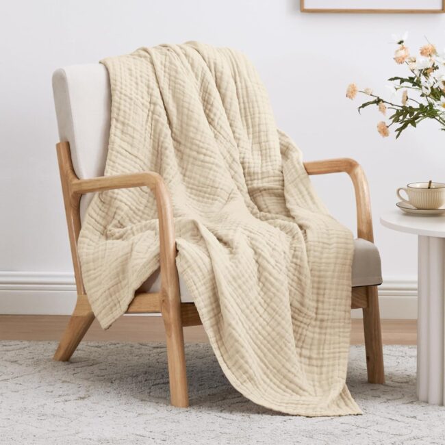Soft Beige Cotton Muslin Throw Blanket