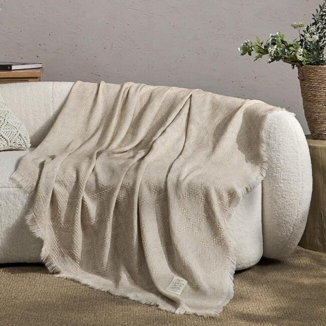 Natural Flax Jacquard Tassel Throw Blanket