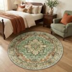 Brick Brown Green Floral Washable Rug