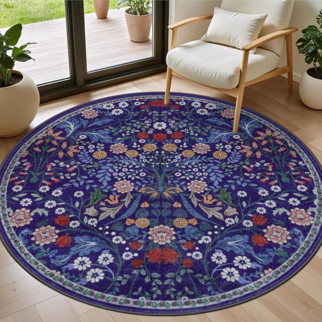 Blue Boho Floral Washable Rug