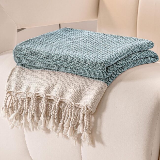 Light Blue Herringbone Cotton Throw Blanket