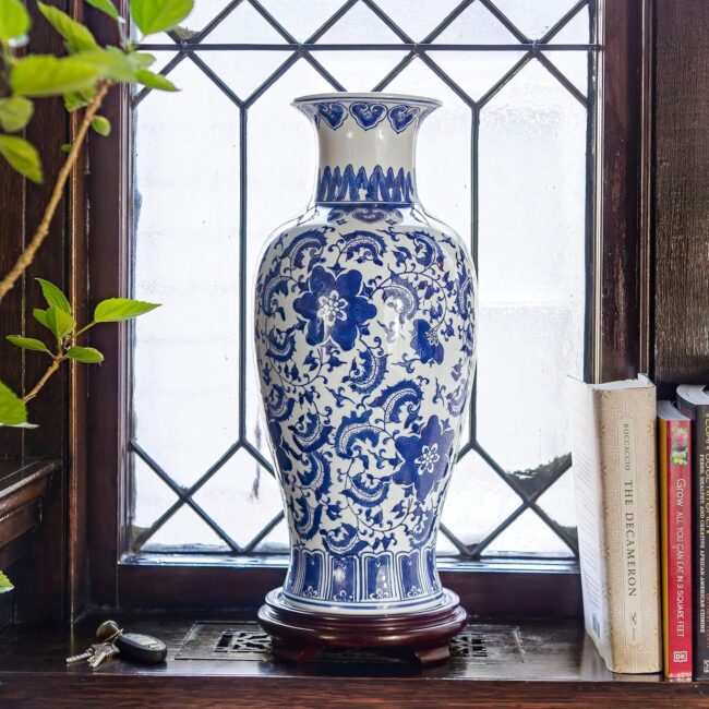 Blue White Floral Porcelain Fishtail Vase, 18-Inch