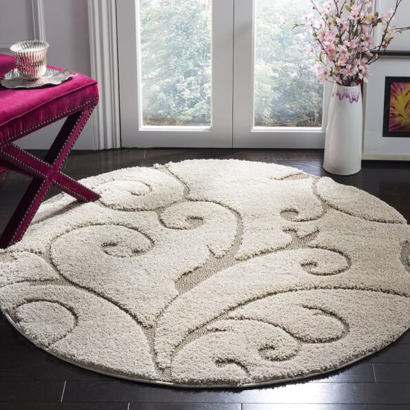 Cream Beige Scroll-Pattern Plush Rug