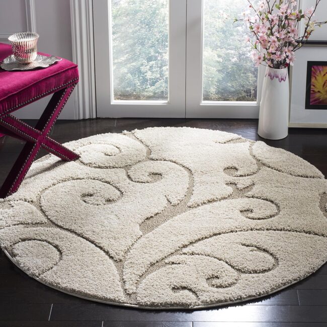 Cream Beige Scroll-Pattern Plush Rug